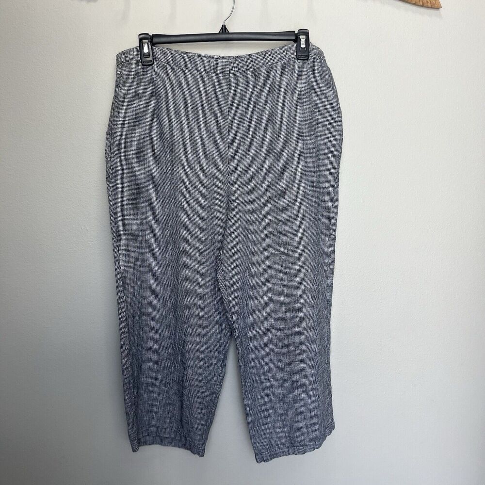 Orvis | 100% Linen Houndstooth Pull On Wide Leg Cropped Pants Size Large Black - Picture 2 of 5